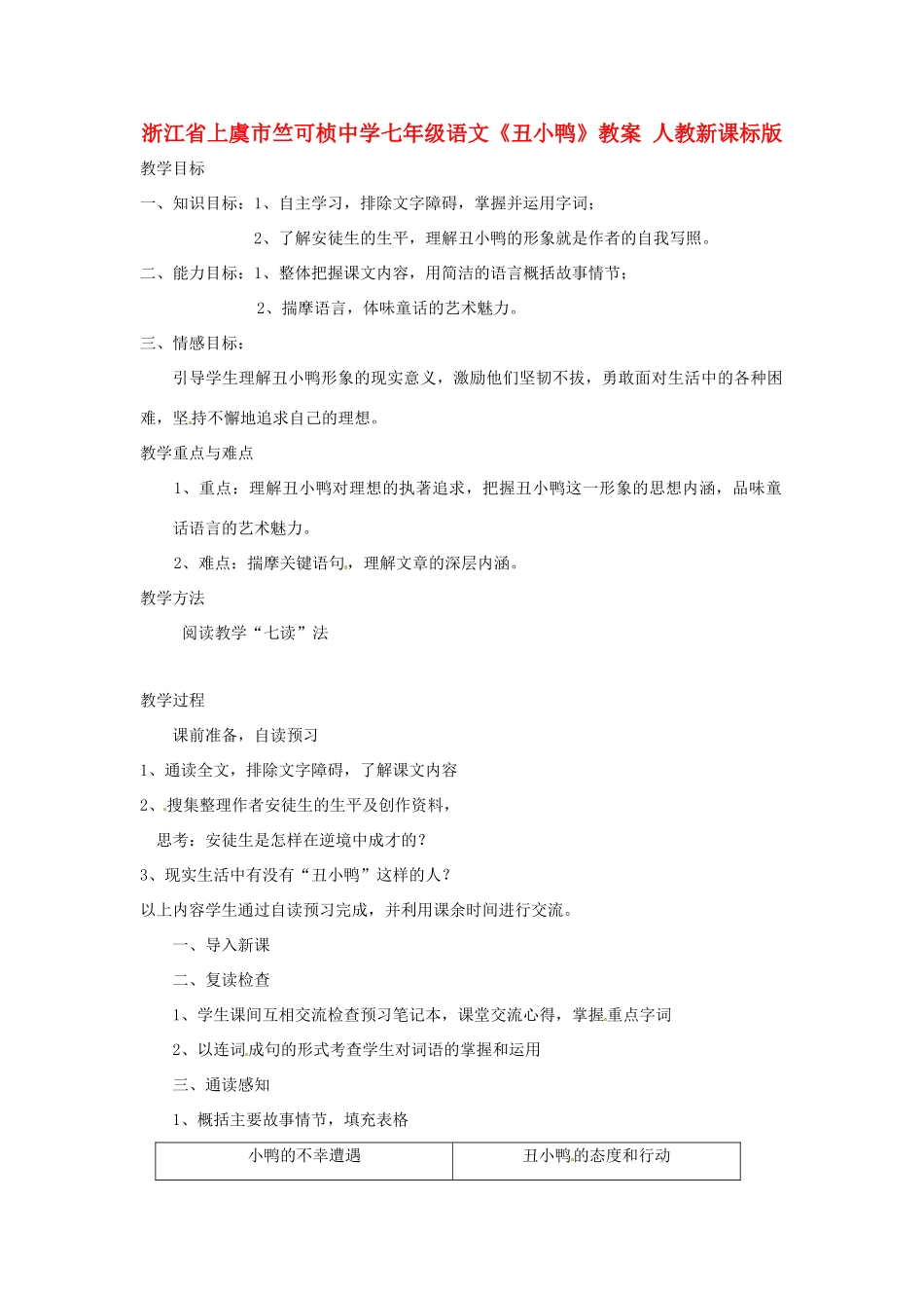 浙江省上虞市竺可桢中学七年级语文《丑小鸭》教学设计 人教新课标版教材_第1页