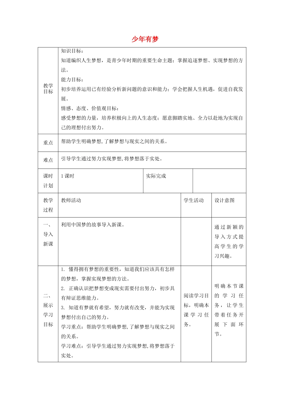 时代 第二框少年有梦教学设计 新人教版教材-新人教版教材初中七年级上册政治教学设计_第1页