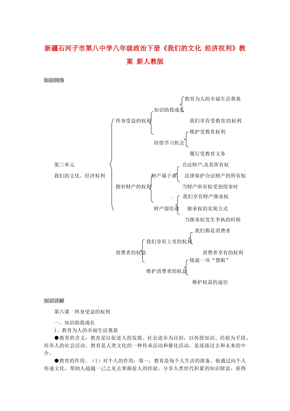 新疆石河子市第八中学八年级政治下册《我们的文化 经济权利》教学设计 新人教版教材_第1页