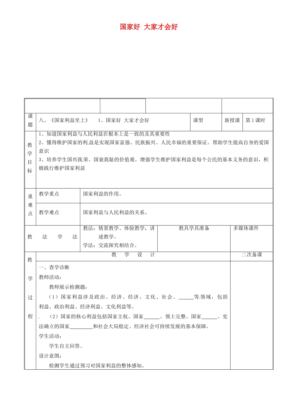 新疆新源县八年级道德与法治上册 第四单元 维护国家利益 第八课 国家利益至上 第1框 国家好 大家才会好教学设计 新人教版教材-新人教版教材初中八年级上册政治教学设计_第1页