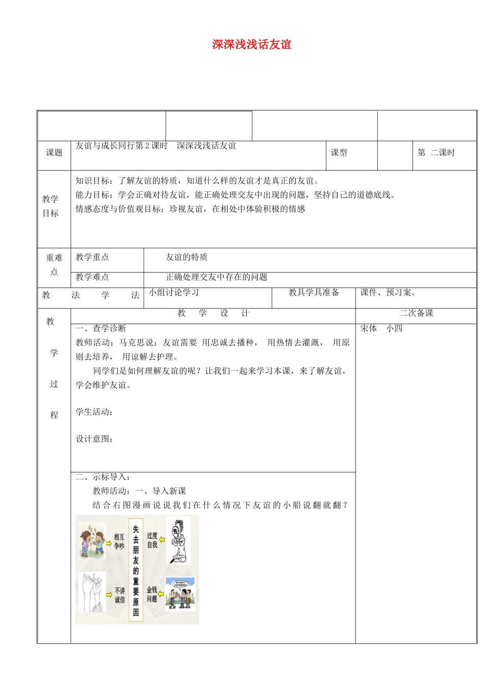 新疆新源县七年级道德与法治上册 第二单元 友谊的天空 第四课 友谊与成长同行 第2框 深深浅浅话友谊教学设计 新人教版教材-新人教版教材初中七年级上册政治教学设计_第1页