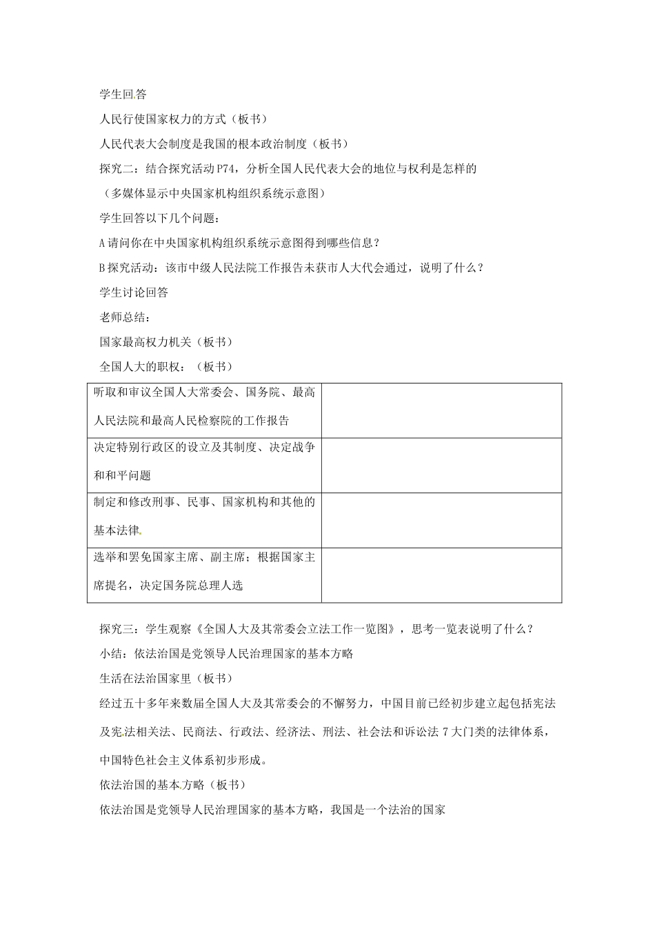 新疆克拉玛依市第十三中学九年级政治全册 第六课第一框《人民当家作主的法制国家》教学设计 新人教版教材_第2页