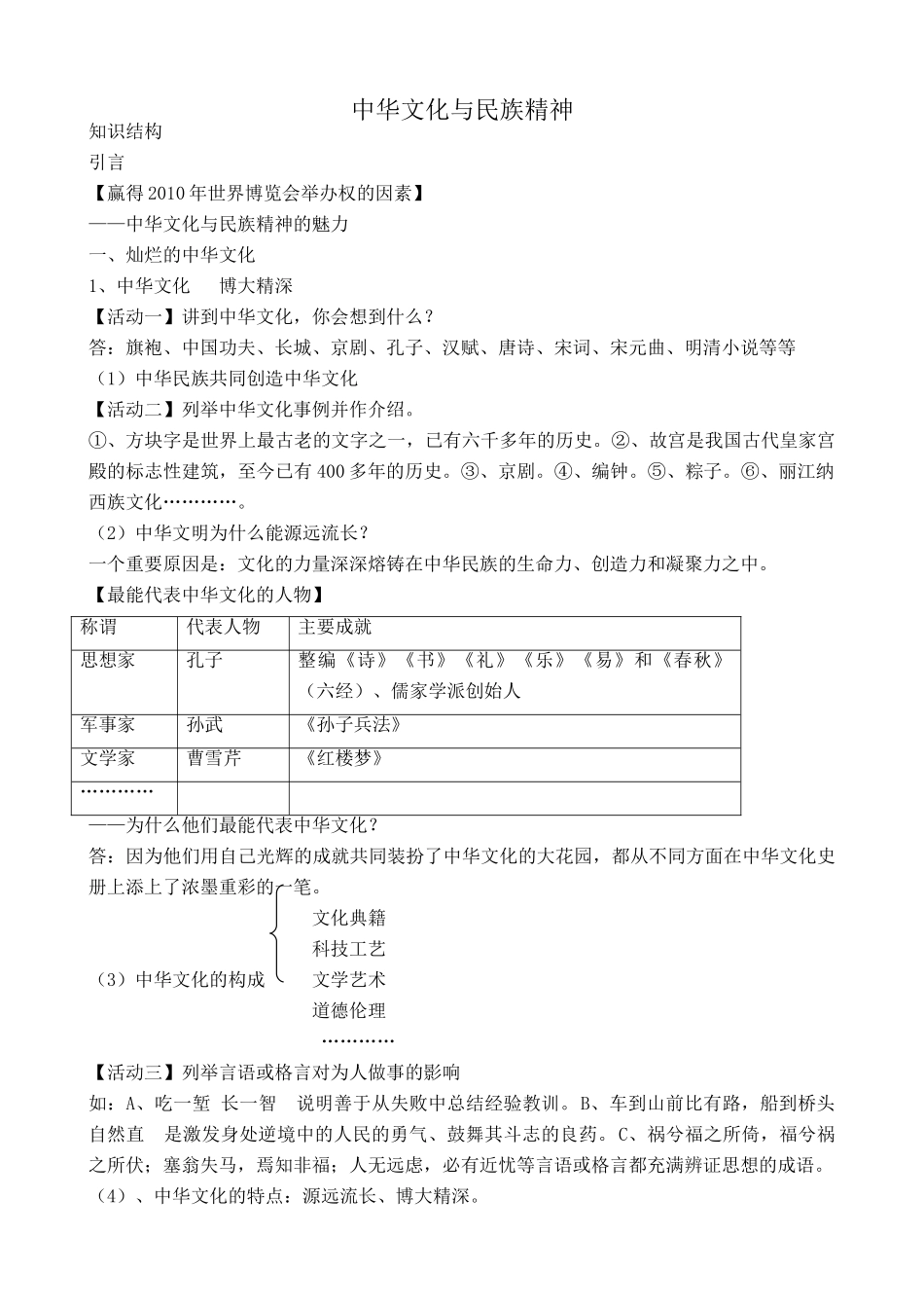 新人教版教材九年级政治中华文化与民族精神教学设计3_第1页