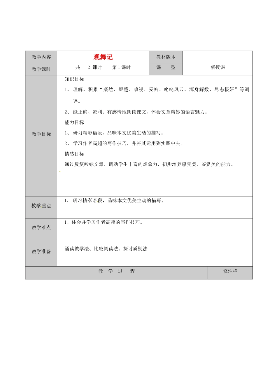 徐州市黄山外国语学校七年级语文下册《观舞记（1）》教学设计 新人教版教材_第1页