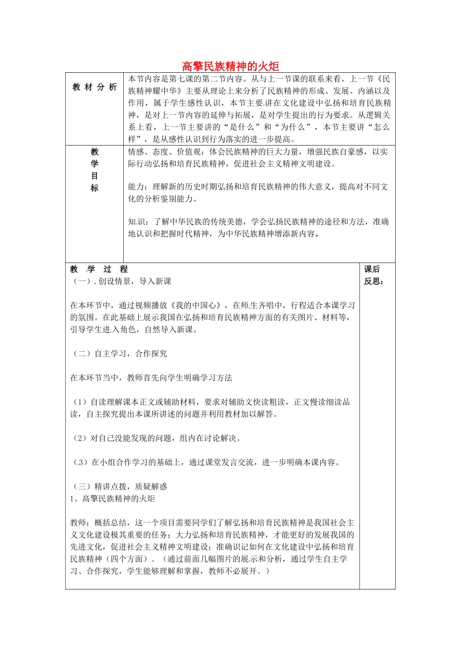 山东省龙口市诸由观镇诸由中学九年级政治全册 第九课 第2框 高擎民族精神的火炬教学设计 鲁教版教材_第1页