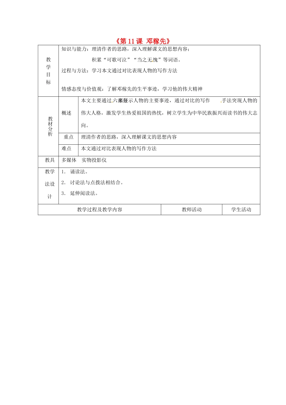 山东省青岛市平度市灰埠镇灰埠中学七年级语文下册《第11课 邓稼先》教学设计2 新人教版教材_第1页