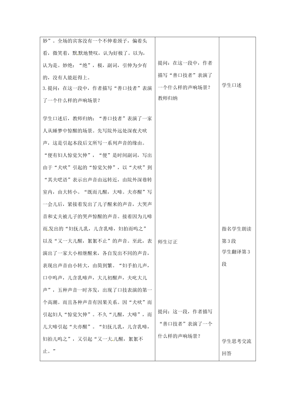 山东省青岛市平度市灰埠镇灰埠中学七年级语文下册 第20课《口技》教学设计1 新人教版教材_第3页
