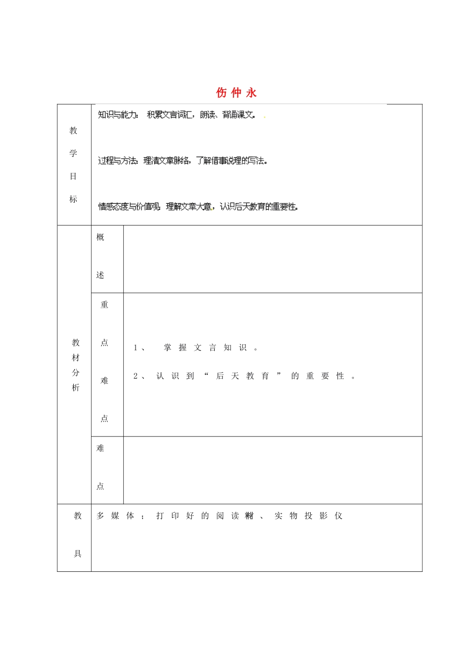 山东省青岛市平度市灰埠中学七年级语文下册 5 伤仲永教学设计2 新人教版教材_第1页