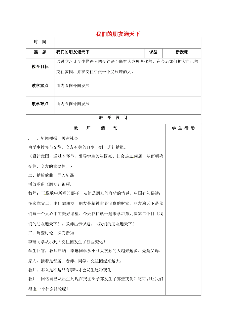 山东省郯城县八年级政治上册 第二单元 学会交往天地宽 第3课 在交往中完善自我 第2框 我们的朋友遍天下教学设计 鲁教版教材-鲁教版教材初中八年级上册政治教学设计_第1页