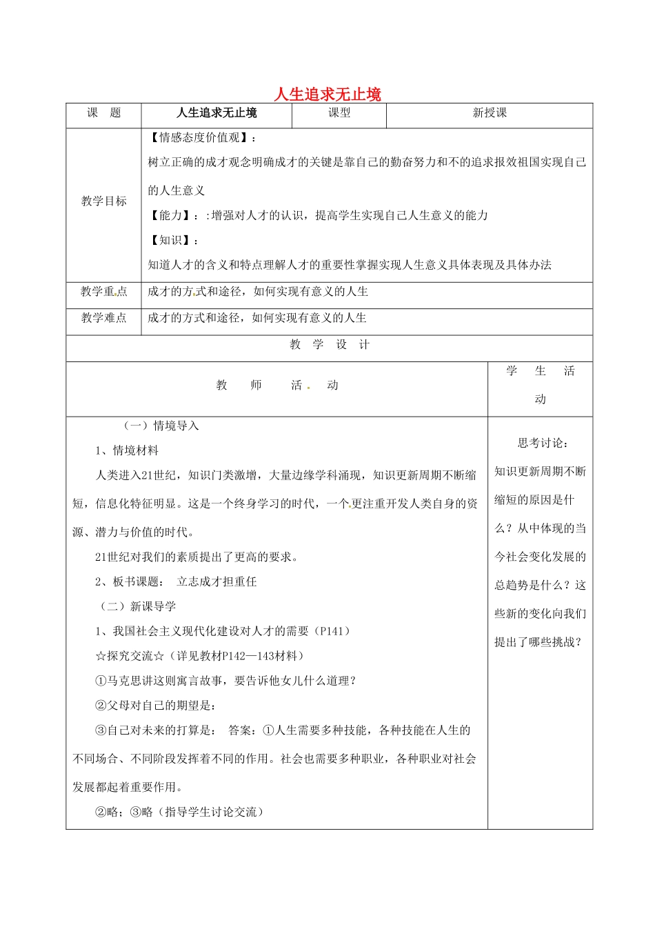 山东省郯城县九年级政治全册 第四单元 我们的未来不是梦 第12课 美好人生我选择 第2框 人生追求无止境教学设计 鲁教版教材-鲁教版教材初中九年级全册政治教学设计_第1页