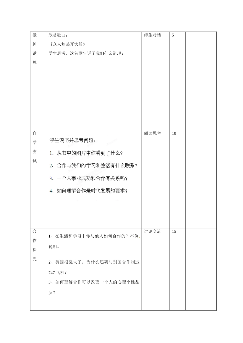 山东省邹平县礼参初级中学八年级政治上册 第三单元 合作让生活之路更宽畅（第一课时）教学设计 鲁教版教材_第2页