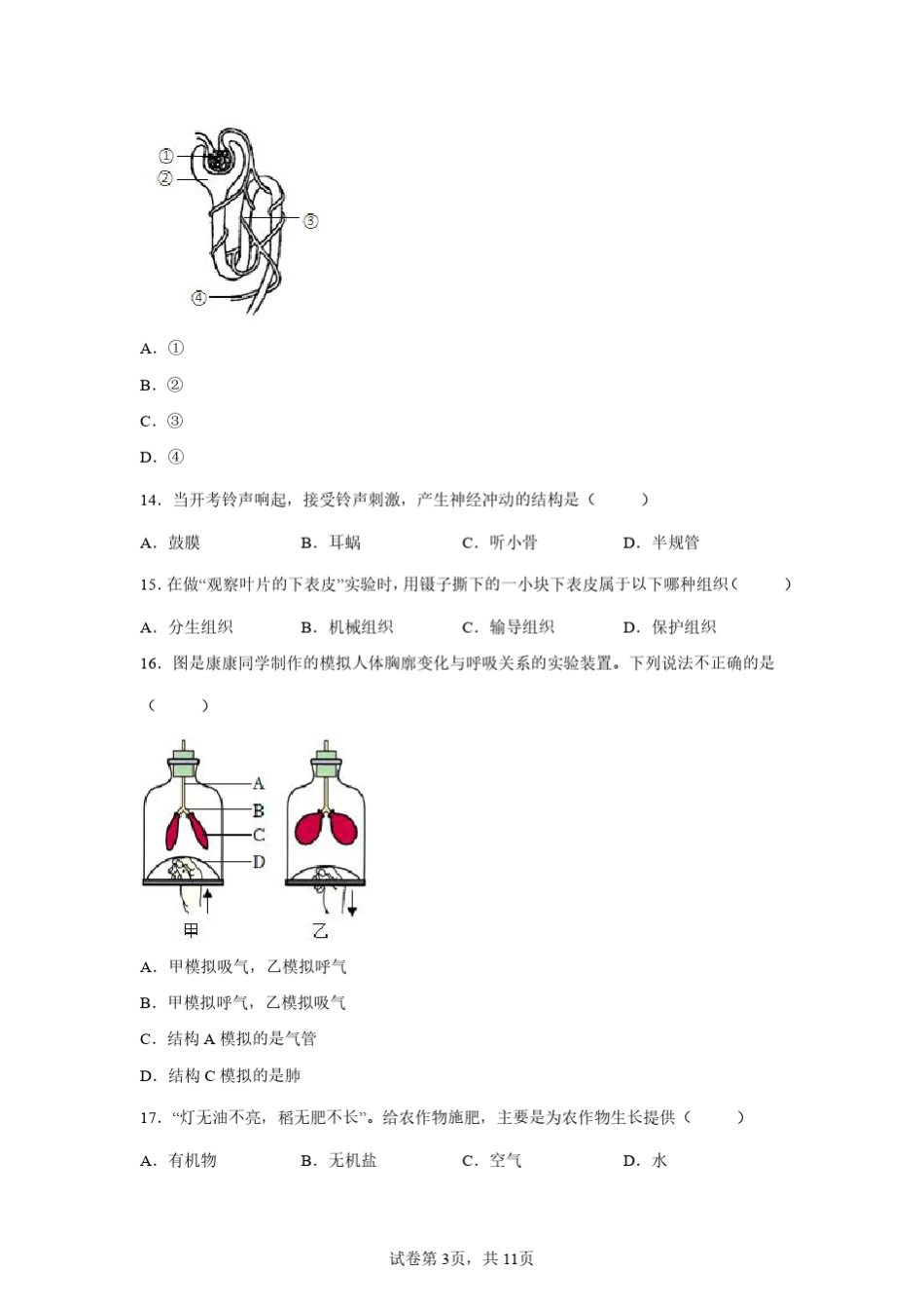 2022年湖南怀化初中学业水平考试中考生物试卷真题(含答案详解) _第3页