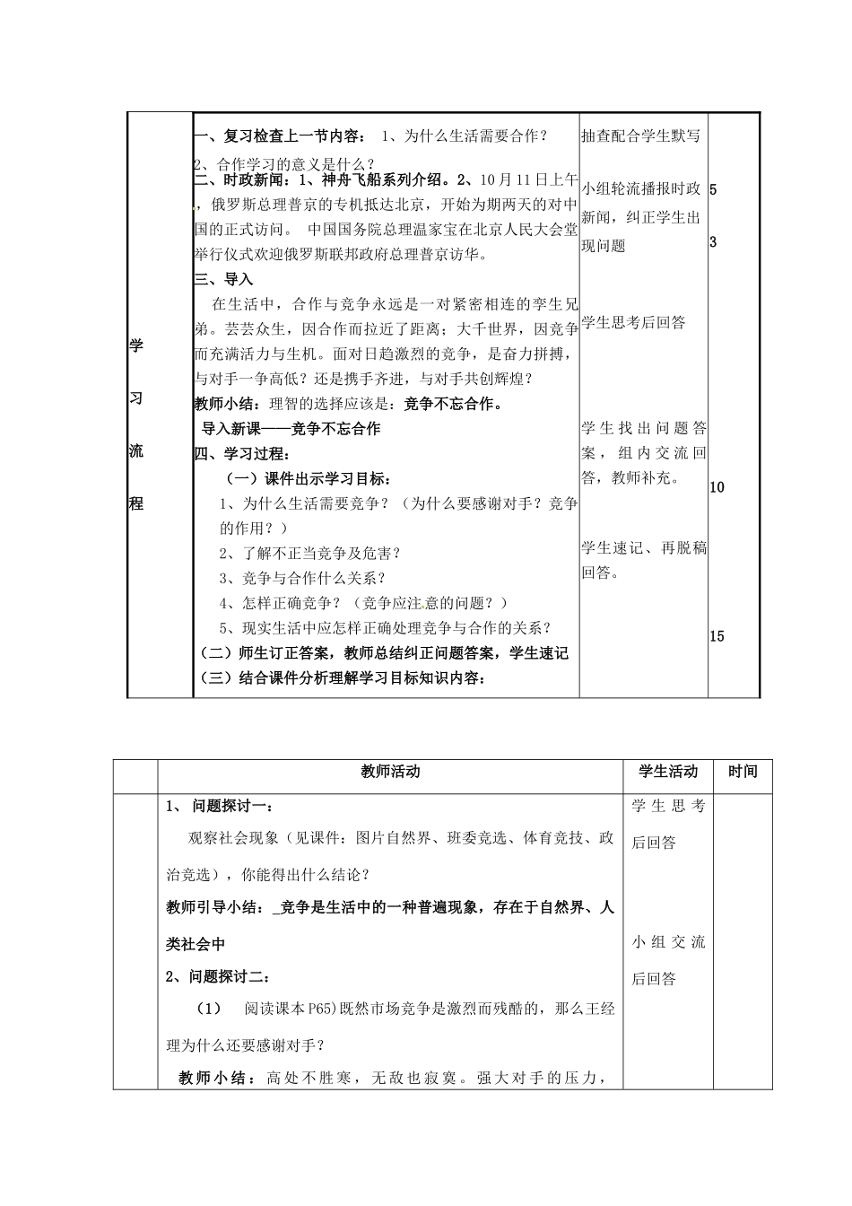山东省邹平县实验中学八年级政治《52 竞争不忘合作》教学设计_第2页