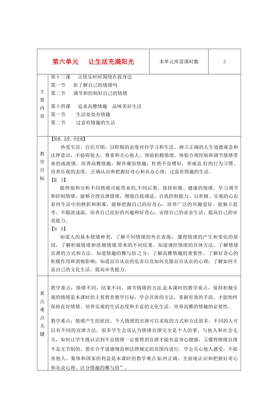 山东省邹平县实验中学七年级政治下册《第六单元 让生活充满阳光》教学设计 鲁教版教材_第1页