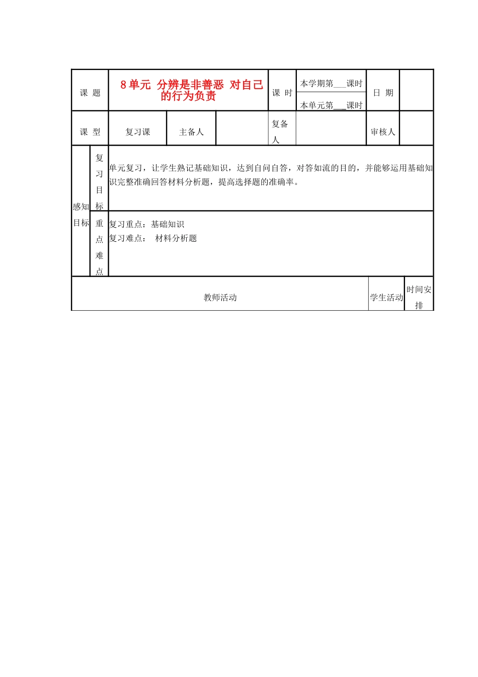 山东省邹平县实验中学七年级政治下册《第八单元 分辨是非 对自己行为负责》教学设计（2） 鲁教版教材_第1页