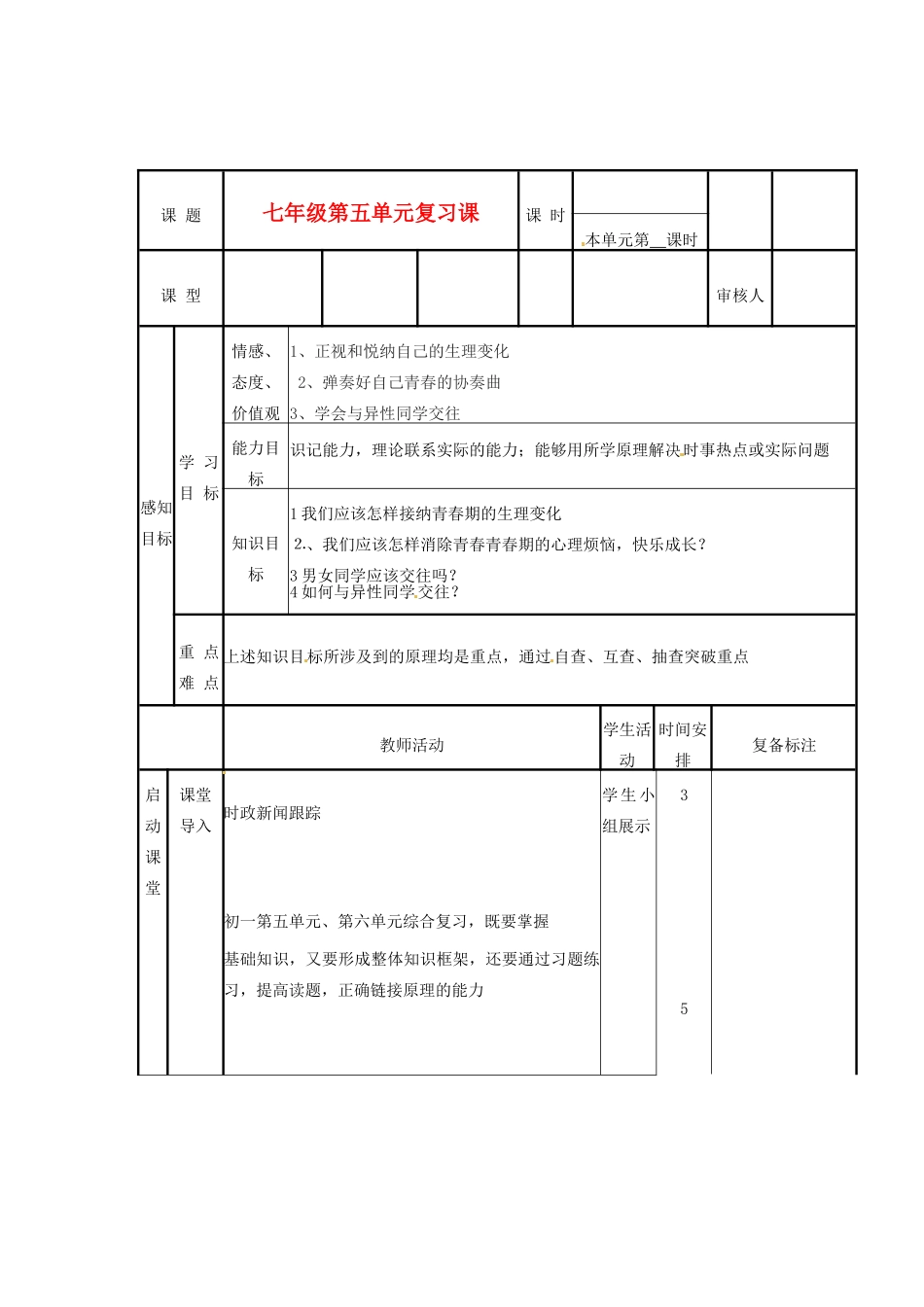 山东省邹平县实验中学七年级政治下册 第5单元 复习教学设计 北师大版教材_第1页