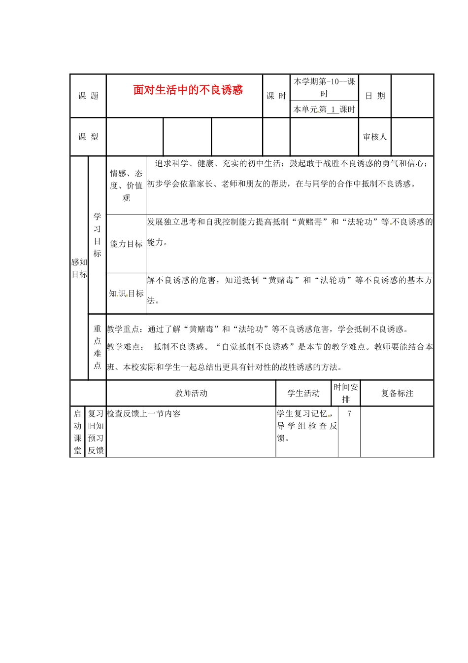 山东省邹平县实验中学七年级政治下册 第15课 面对生活中的不良诱惑教学设计 北师大版教材_第1页