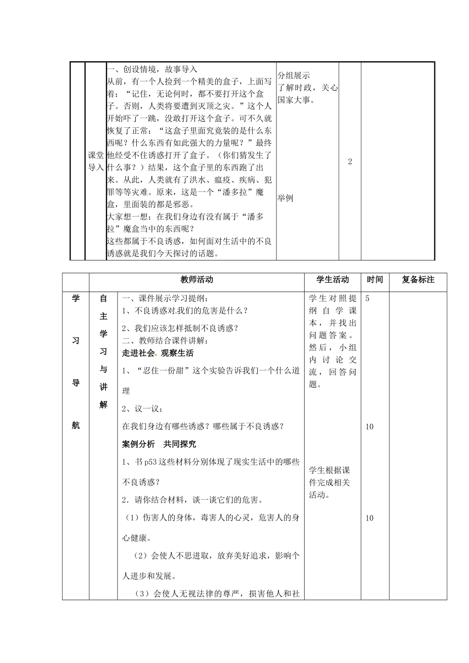 山东省邹平县实验中学七年级政治下册 第15课 面对生活中的不良诱惑教学设计 北师大版教材_第2页