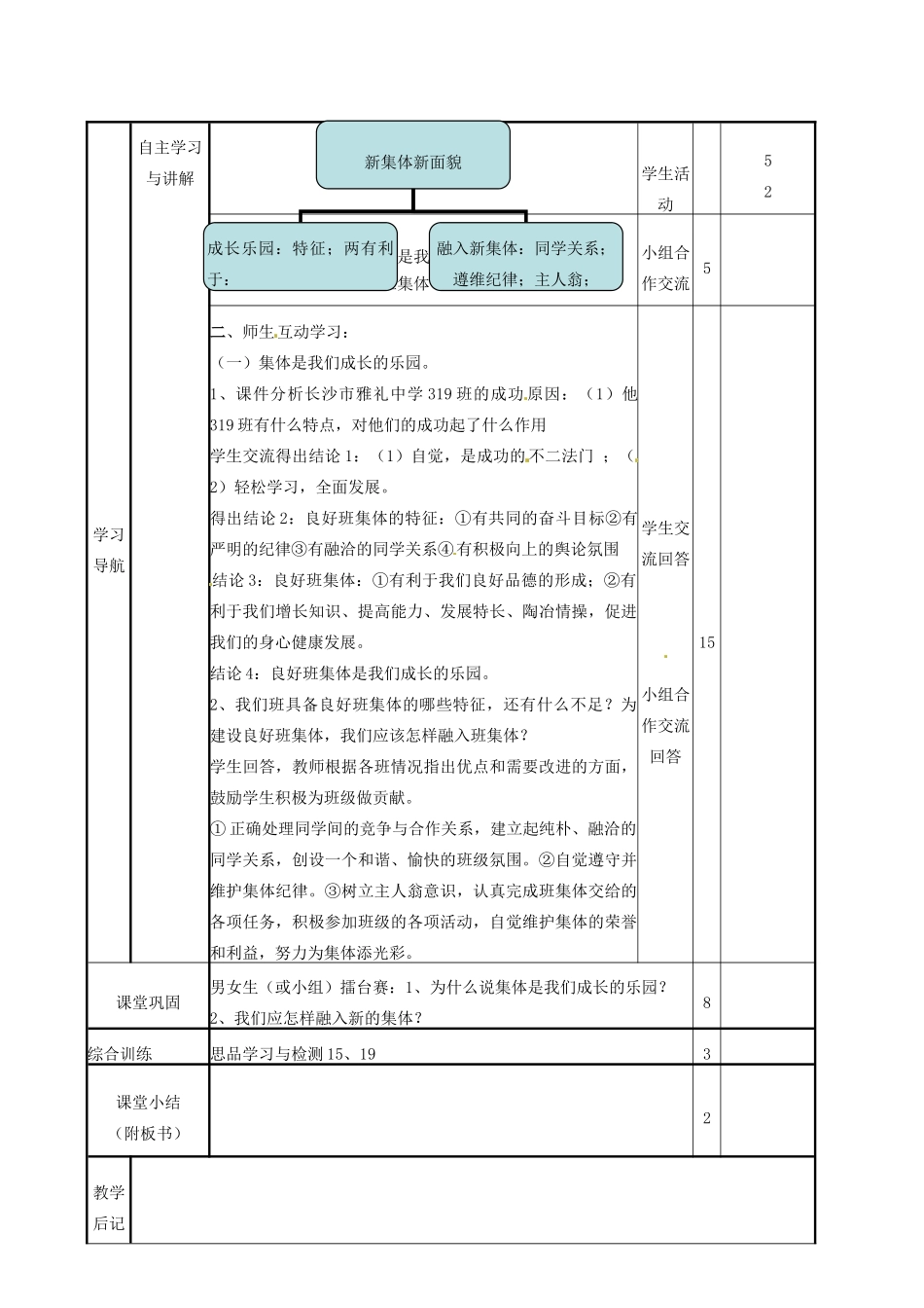 山东省邹平县实验中学七年级政治上册《第二单元 第三课 第二框 新集体 新面貌》教学设计 鲁教版教材_第2页