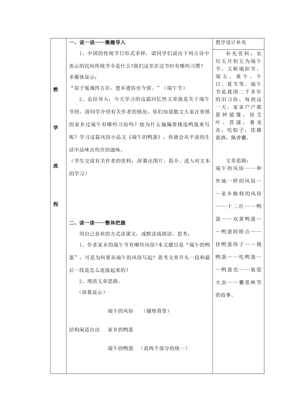 山东省胶南市理务关镇中心中学八年级语文下册 端午的鸭蛋教学设计 新人教版教材_第2页