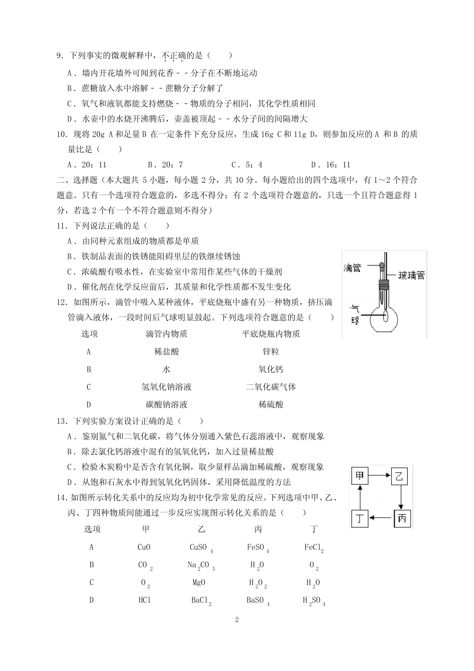 2020年天津市中考化学试题及参考答案(word解析版) _第2页