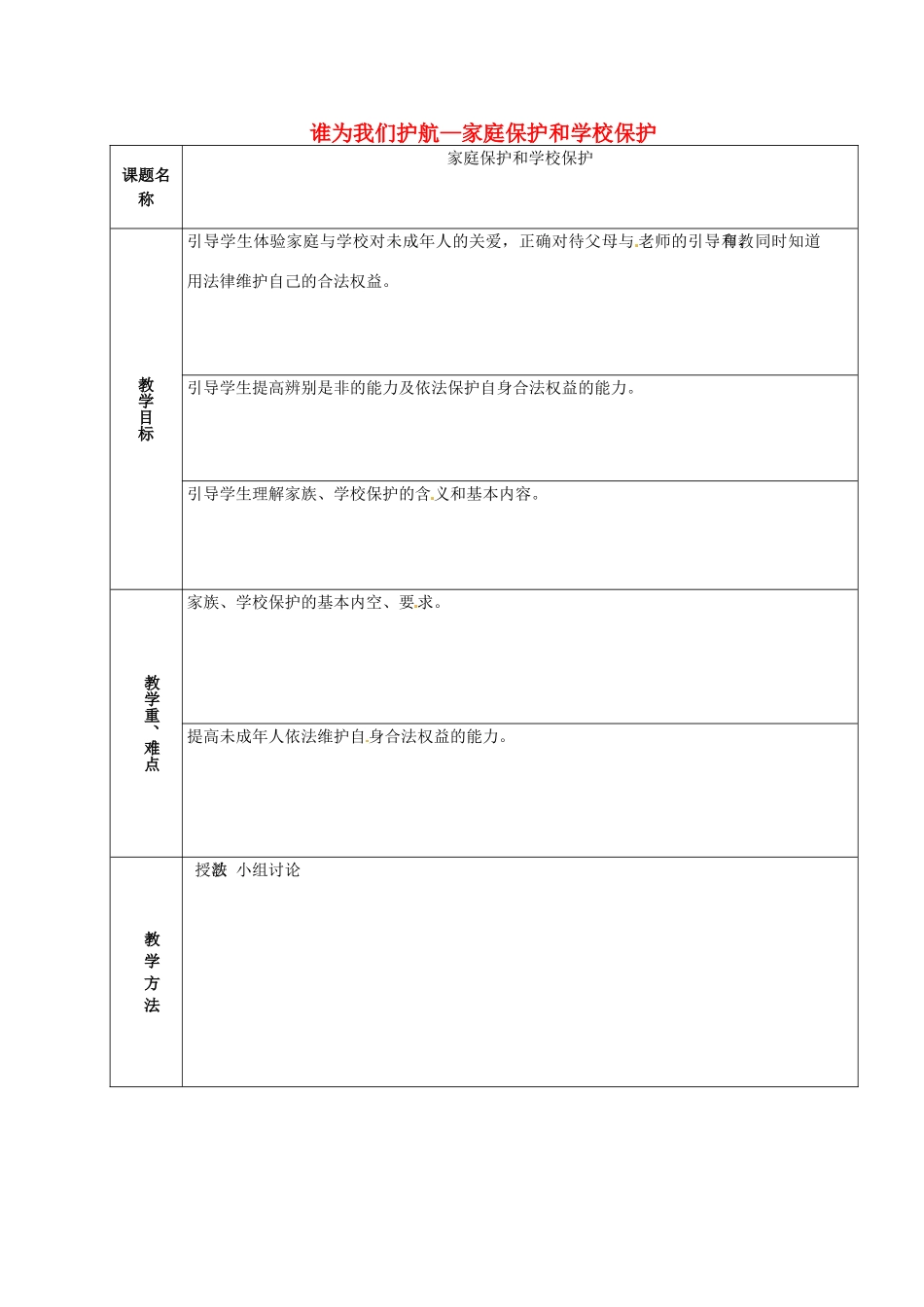 山东省章丘市龙山街道办党家中学七年级政治下册 第四单元 第十课 谁为我们护航—家庭保护和学校保护（第2课时）教学设计 教科版教材_第1页