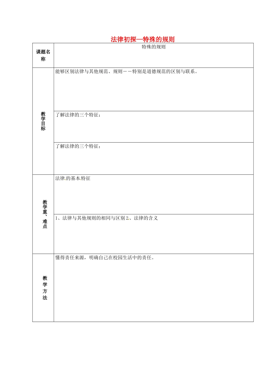 山东省章丘市龙山街道办党家中学七年级政治下册 第三单元 第七课 法律初探—特殊的规则（第4课时）教学设计 教科版教材_第1页
