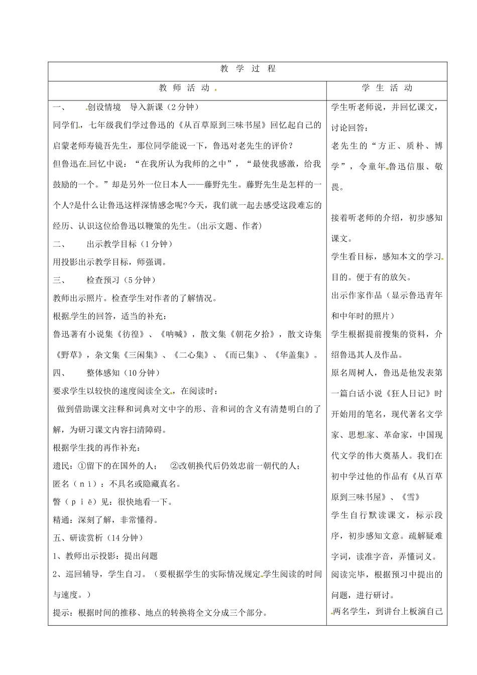 山东省烟台20中八年级语文下册 《藤野先生》（一）教学设计_第2页