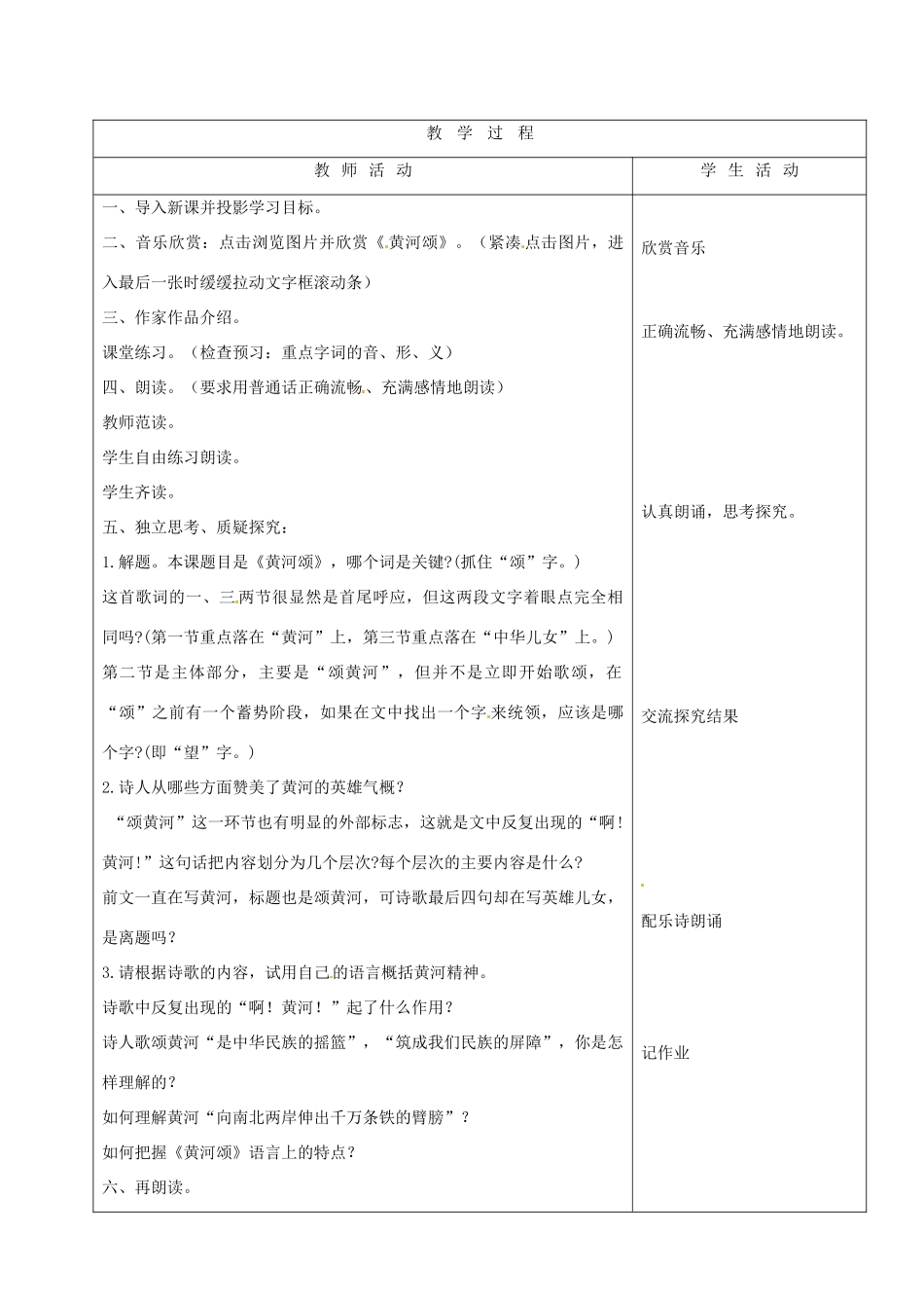 山东省烟台20中七年级语文《黄河颂》教学设计_第2页