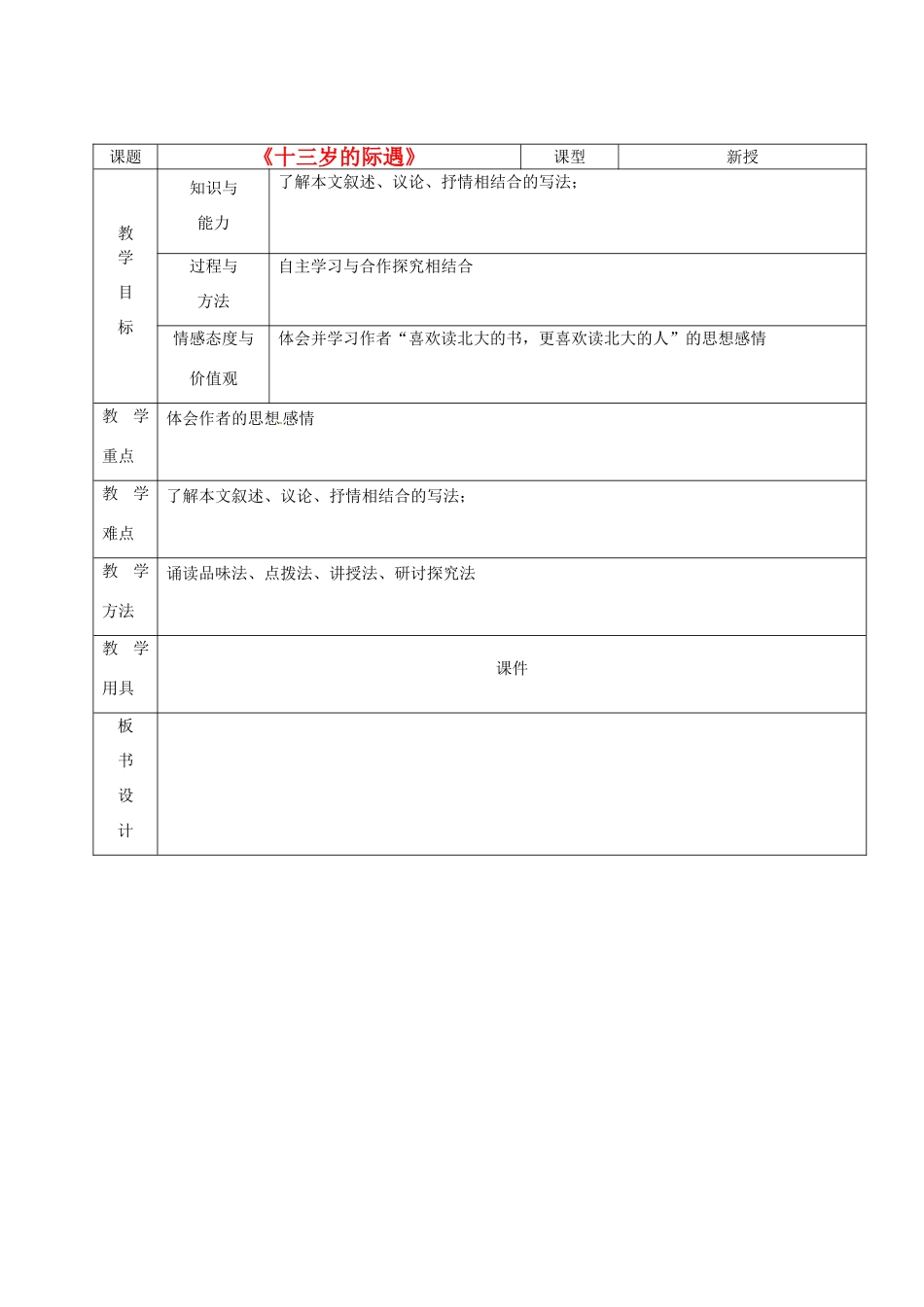 山东省烟台20中七年级语文《十三岁的际遇》教学设计_第1页