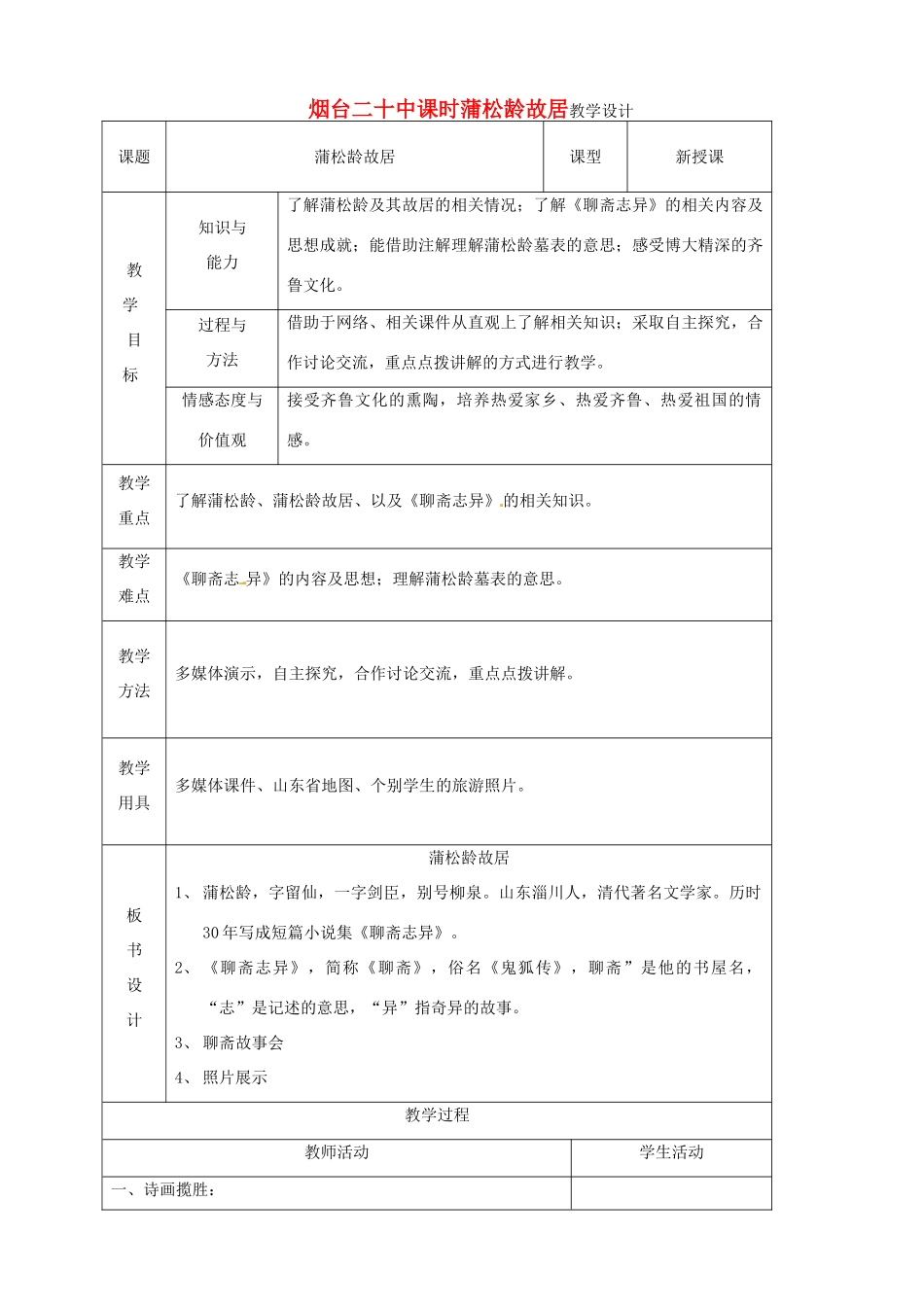 山东省烟台20中七年级语文 《蒲松龄故居》教学设计_第1页