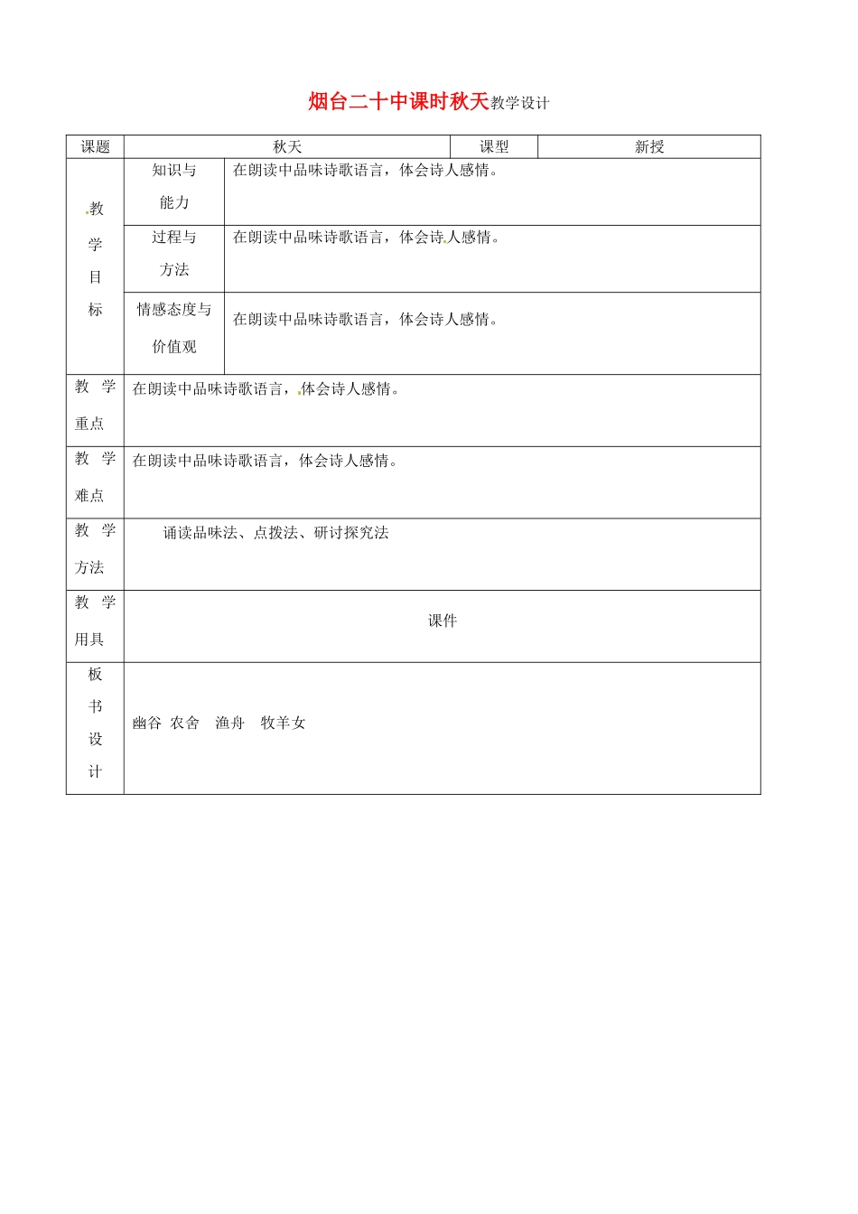 山东省烟台20中七年级语文 《秋天》教学设计_第1页