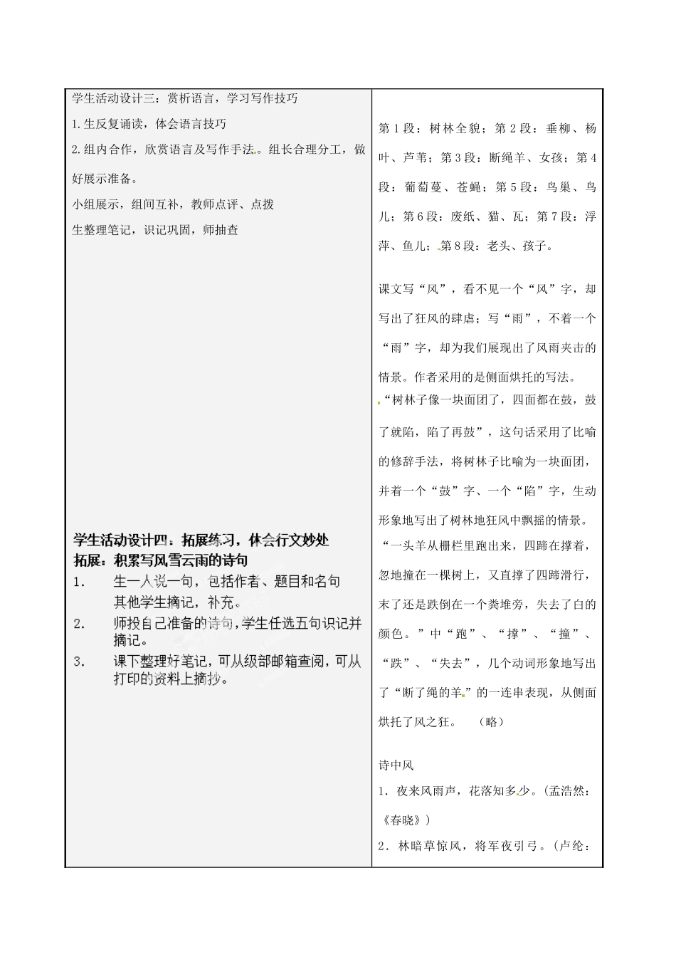 山东省潍坊高新区浞景学校七年级语文上册 13 风雨教学设计 新人教版教材_第2页