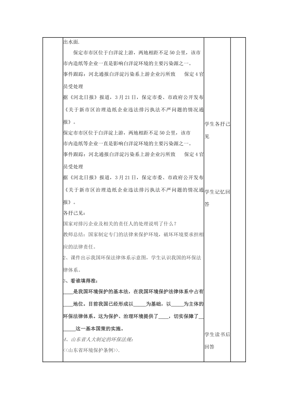 山东省滨州市邹平实验中学八年级政治下册 第六单元 第13课 第2节关依法保护人类共有的家园教学设计 鲁教版教材_第2页