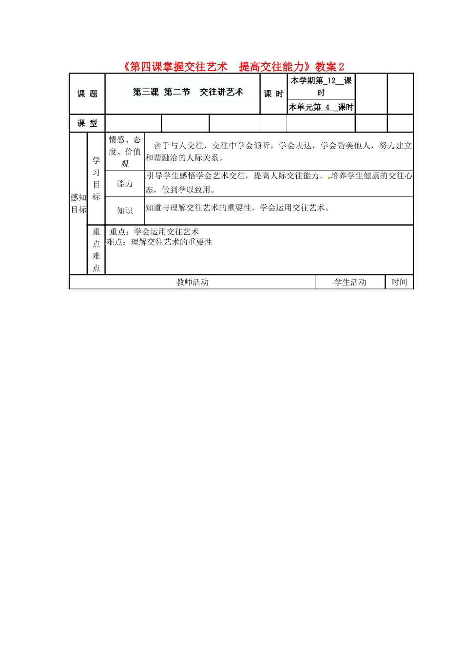 山东省滨州市邹平实验中学八年级政治上册《第四课掌握交往艺术 提高交往能力》教学设计2 鲁教版教材_第1页