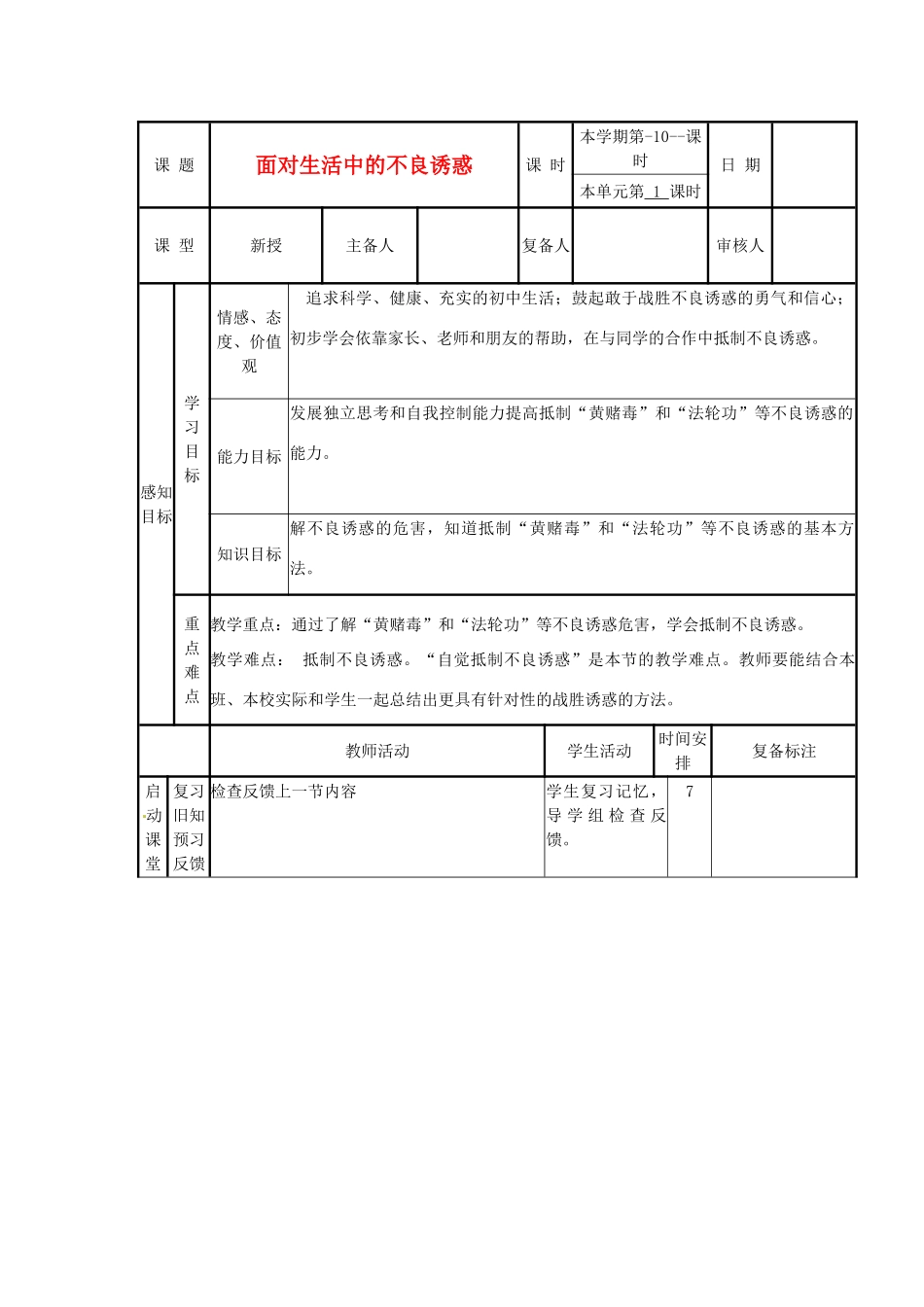 山东省滨州市邹平实验中学七年级政治下册《面对生活中的不良诱惑》教学设计 鲁教版教材_第1页