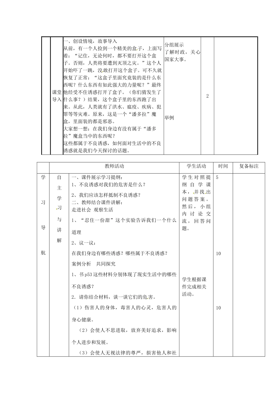 山东省滨州市邹平实验中学七年级政治下册《面对生活中的不良诱惑》教学设计 鲁教版教材_第2页