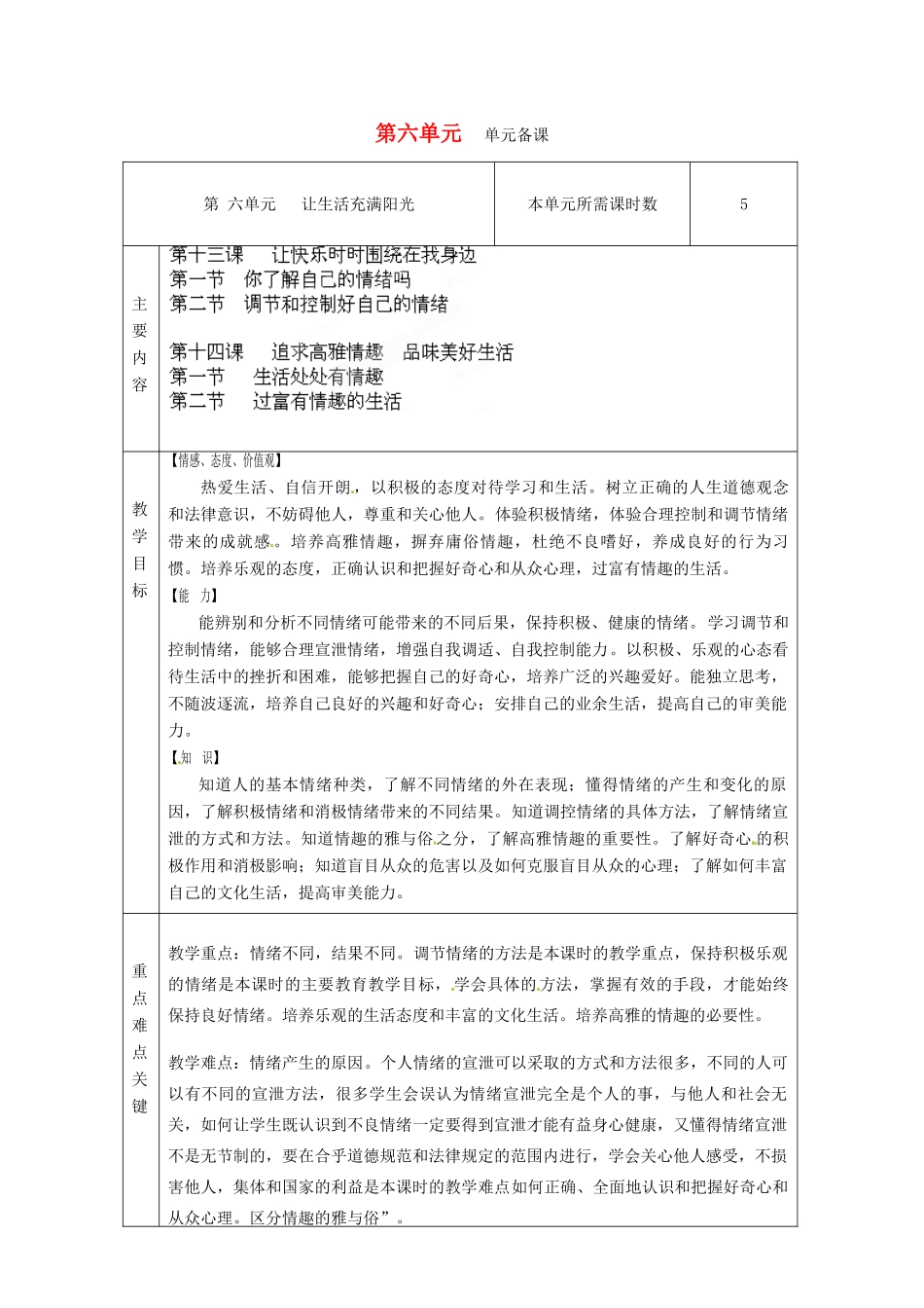 山东省滨州市邹平实验中学七年级政治下册《第六单元让生活充满阳光》教学设计 鲁教版教材_第1页