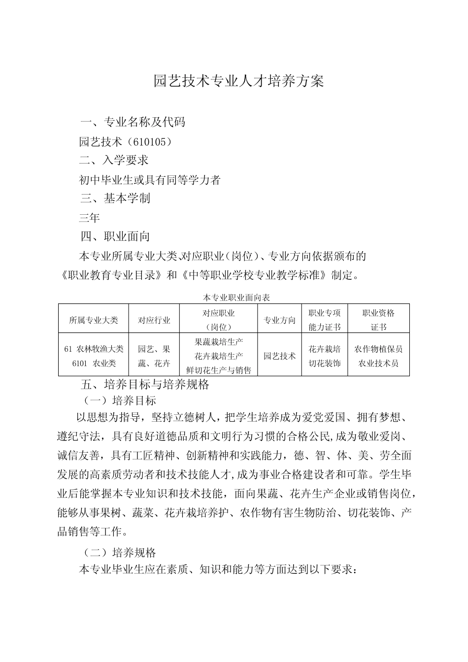 园艺技术专业人才培养方案(中职) _第1页