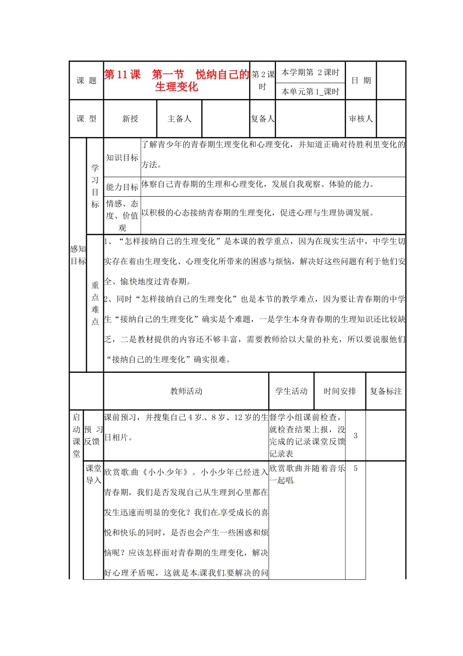 山东省滨州市邹平实验中学七年级政治下册《第11课第1节悦纳自己的生理变化》教学设计 鲁教版教材_第1页