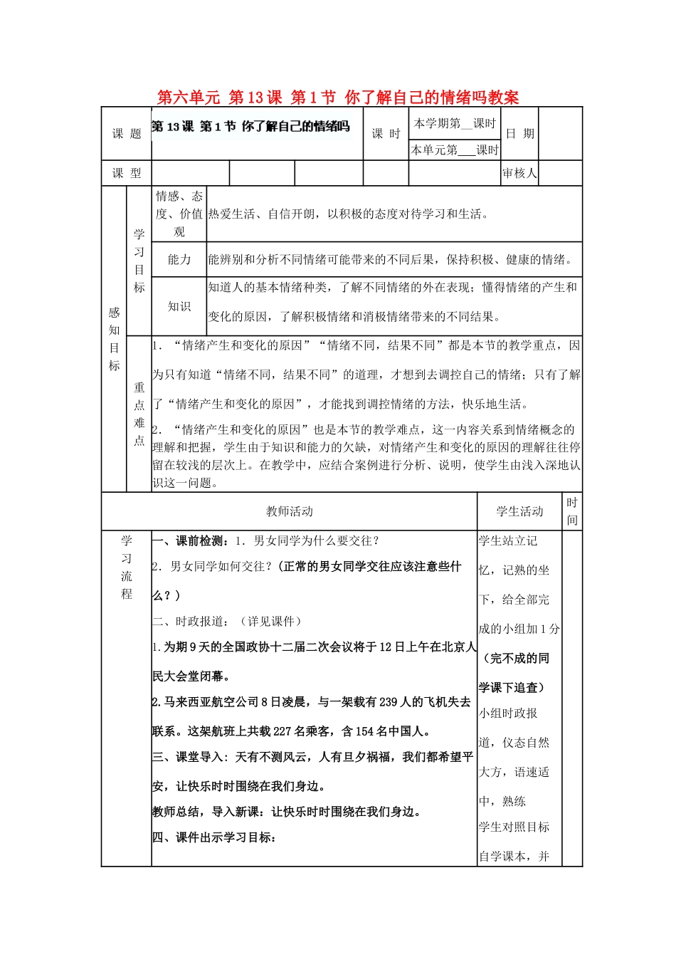 山东省滨州市邹平实验中学七年级政治下册 第六单元 第13课 第1节 你了解自己的情绪吗教学设计 鲁教版教材_第1页