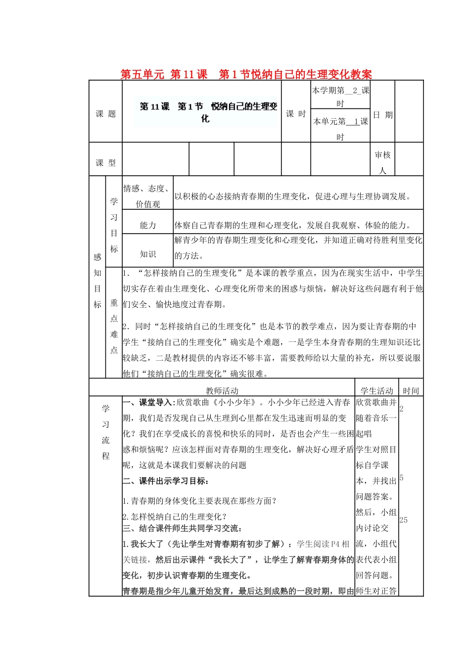 山东省滨州市邹平实验中学七年级政治下册 第五单元 第11课  第1节悦纳自己的生理变化教学设计 鲁教版教材_第1页