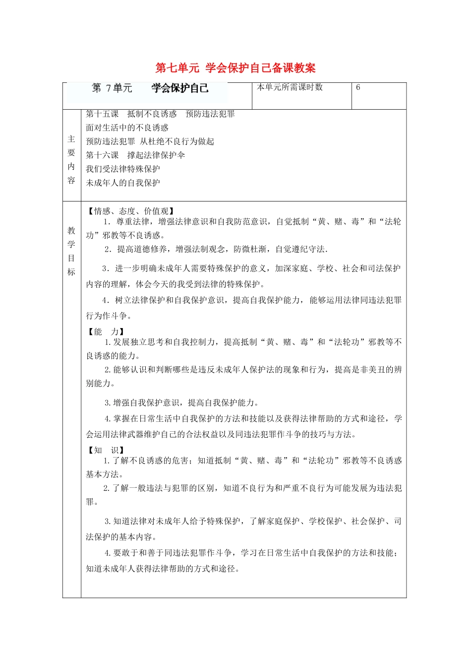 山东省滨州市邹平实验中学七年级政治下册 第七单元 学会保护自己备课教学设计 鲁教版教材_第1页
