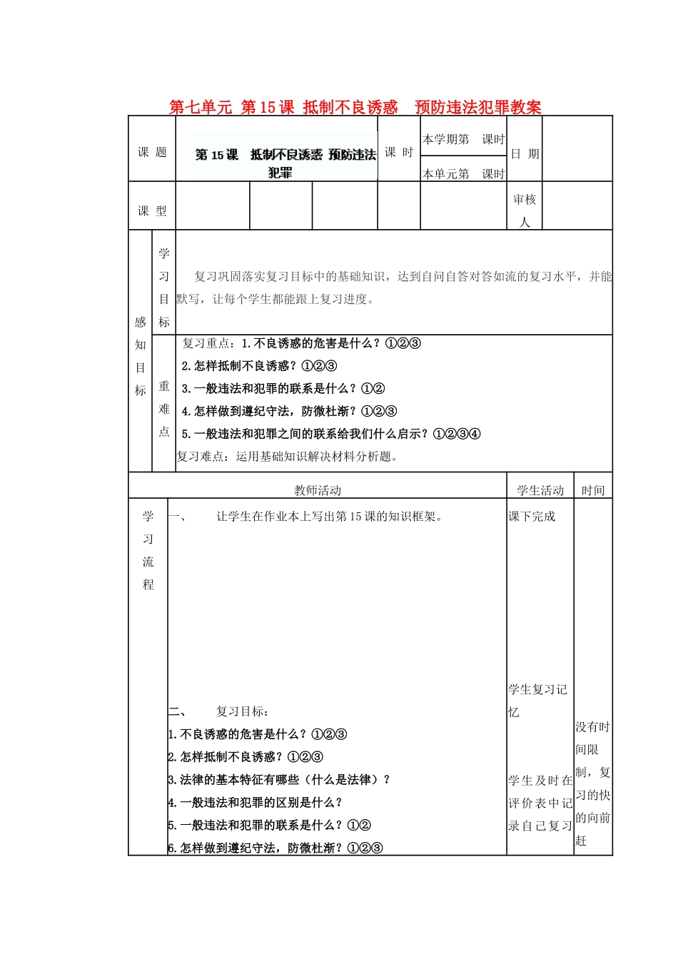 山东省滨州市邹平实验中学七年级政治下册 第七单元 第15课 抵制不良诱惑  预防违法犯罪教学设计 鲁教版教材_第1页