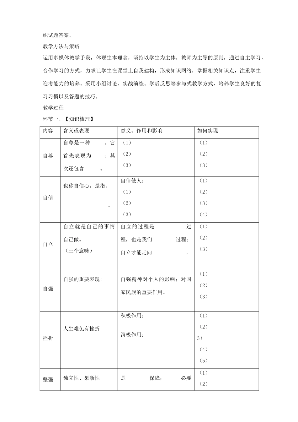 山东省滕州市大坞镇大坞中学七年级政治上册 第四单元《生活告诉自己“我能行”》复习教学设计 人民版教材_第2页