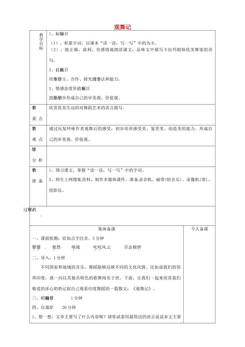 山东省淄博市临淄区第八中学七年级语文上册《第4课 观舞记》教学设计 鲁教版教材五四制_第1页