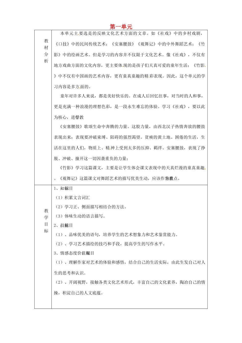 山东省淄博市临淄区第八中学七年级语文上册 第一单元教学设计 鲁教版教材五四制_第1页