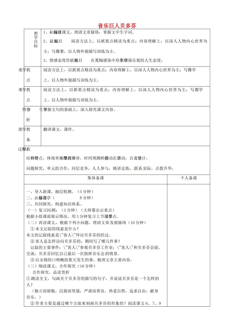 山东省淄博市临淄区第八中学七年级语文上册《第10课 音乐巨人贝多芬》教学设计 鲁教版教材五四制_第1页