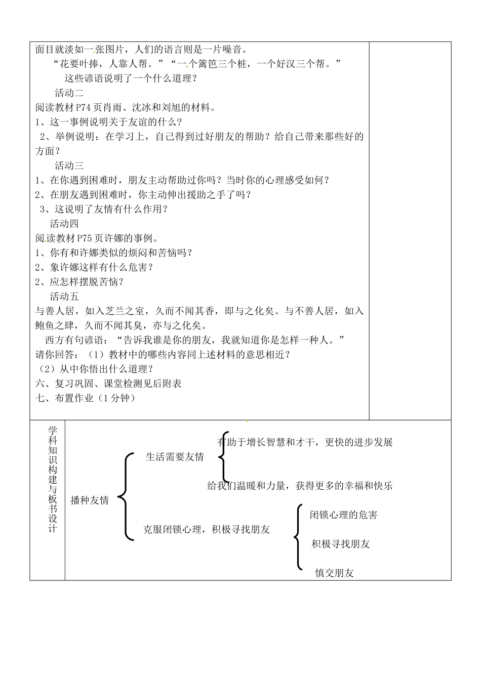 山东省淄博市临淄区第八中学七年级政治上册 3.5.1 播种友情教学设计 鲁教版教材_第2页