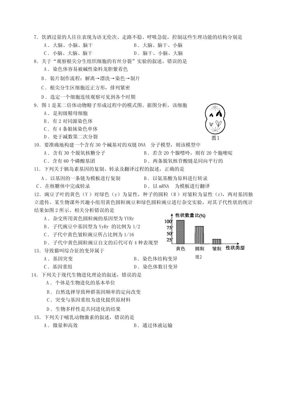 2021年1月广东省普通高中学业水平合格性考试生物学试题(含答案)_第2页